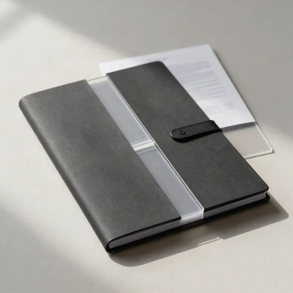 Graphite audit folio with blank inserts hovering on a pale studio field.