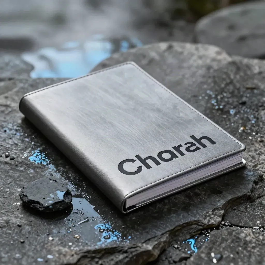 Charcoal guide booklet in a pewter sleeve on wet stone with mist and blue reflections