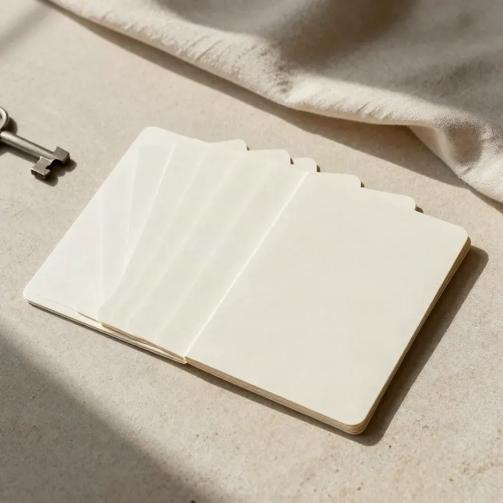 Overhead flatlay of off-white starter cards, a folded sleeve and linen on soft fabric