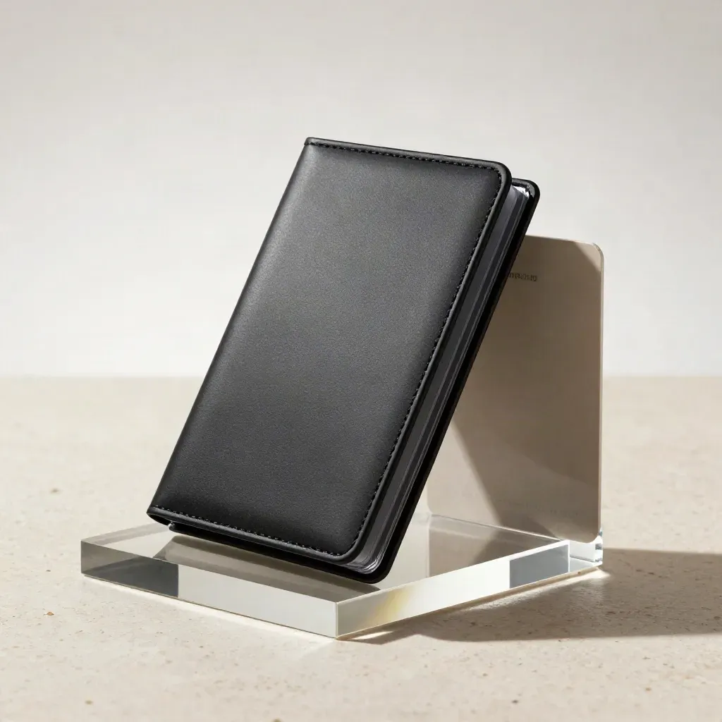 Slim black access pass case on travertine with mirrored block and soft foundry card behind.