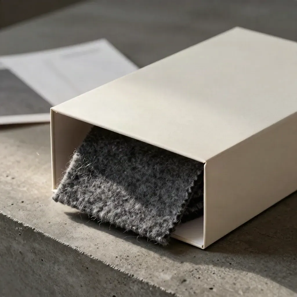Cream serif specimen box emerging from wool on dark concrete, lit dramatically.