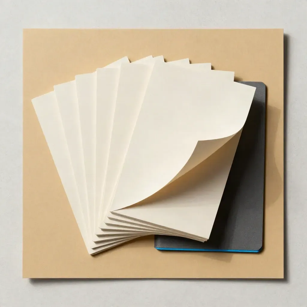 Overhead fan of blank sample cards and a small folder on warm paper with a blue accent