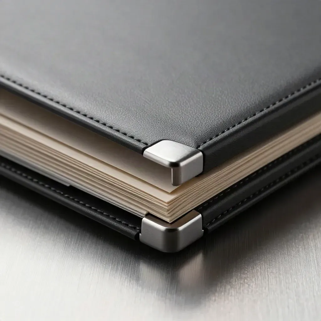 Black chart case with stepped dividers on brushed aluminum, lit by raking light.
