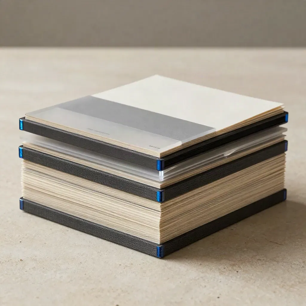 Stacked typography kit cases with frosted dividers on pale stone, lit with blue rim glow.