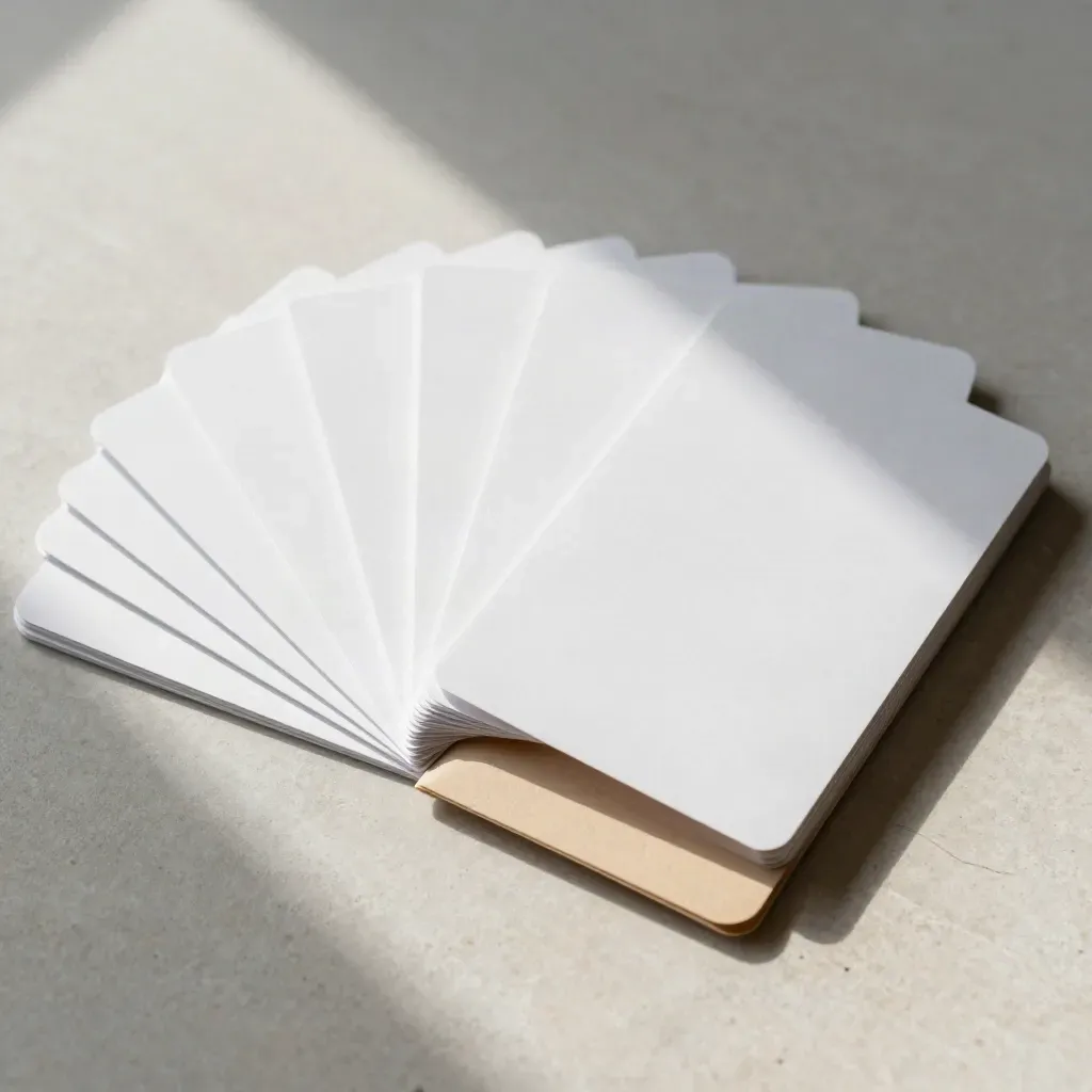 Top-down fan of blank typography cards on pale stone with one lifted corner