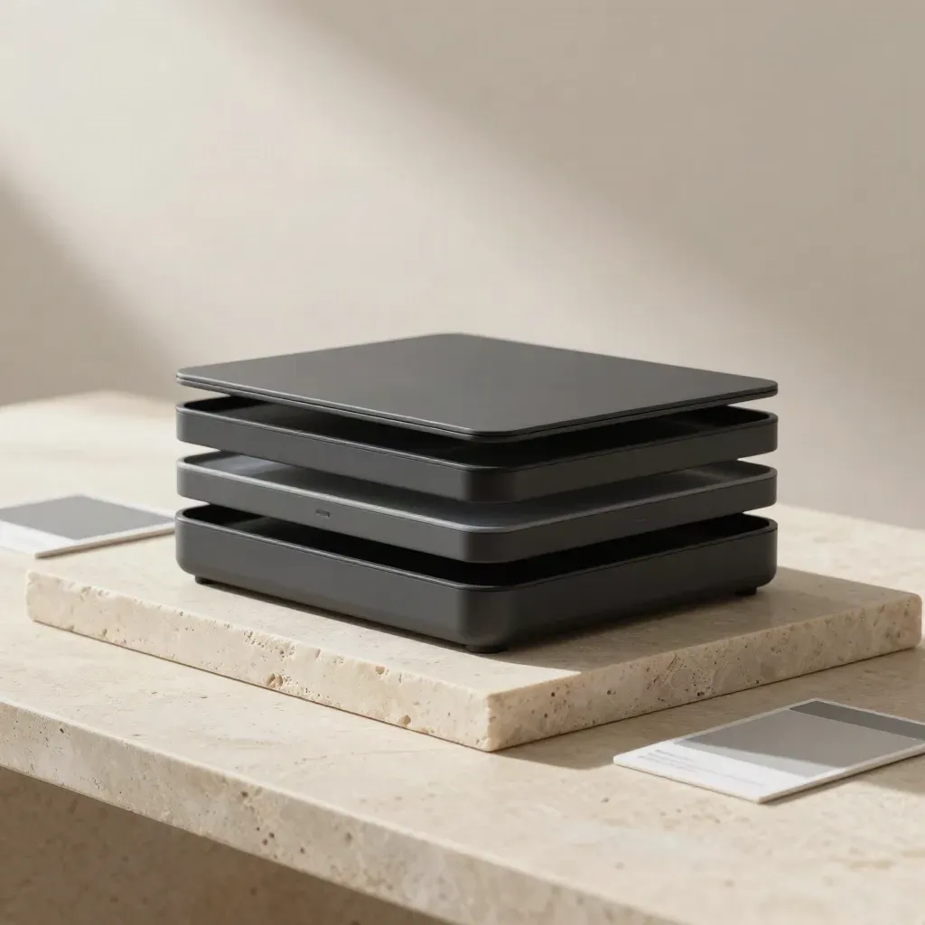 Matte-black plan case on pale limestone with layered modules and soft atmospheric light.