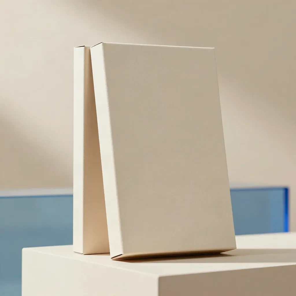 Cream serif pack box with sleeve and boards on a plinth in a soft studio hero shot.