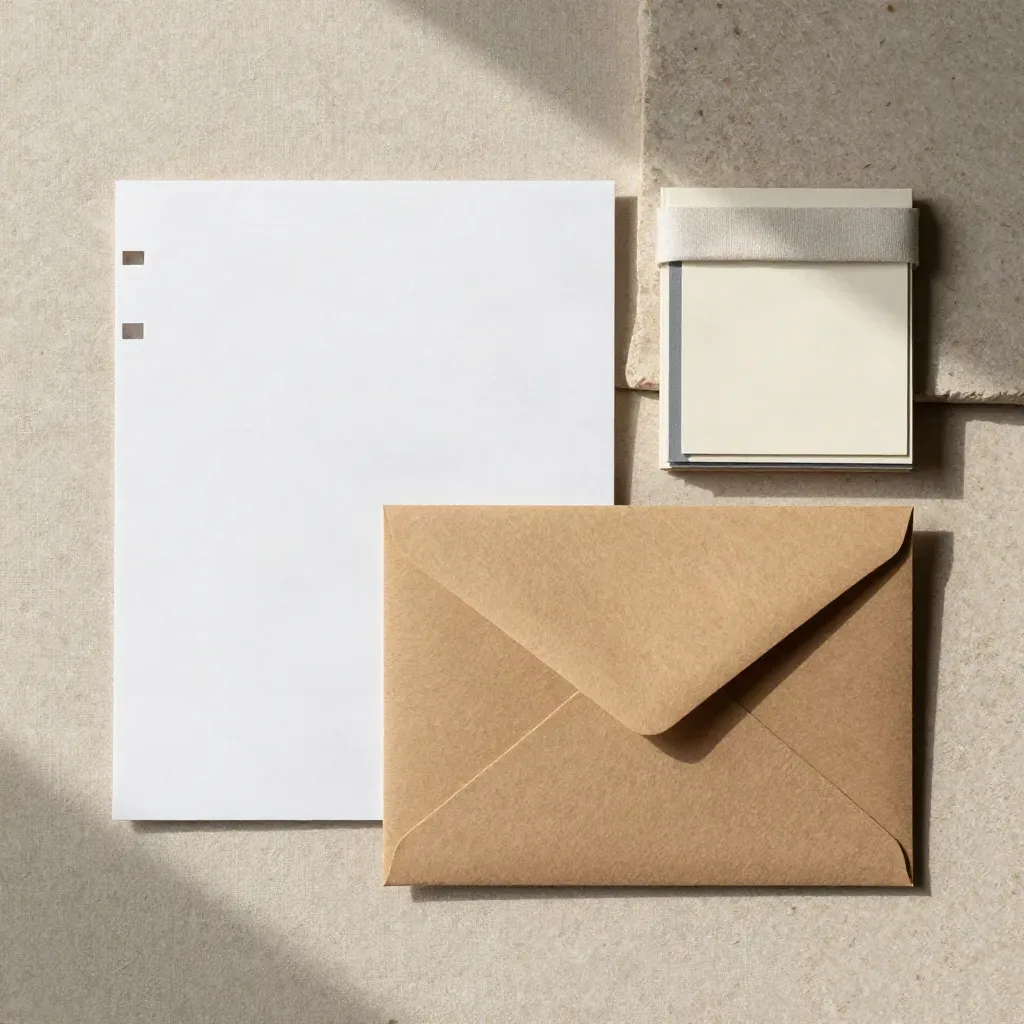 Overhead flatlay of a notes pack, kraft envelope, and paper swatches on textured linen.
