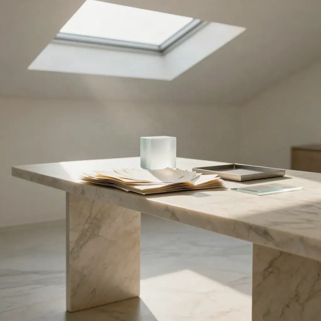Sunlit marble typography workspace with paper fan and frosted glass in airy white interior