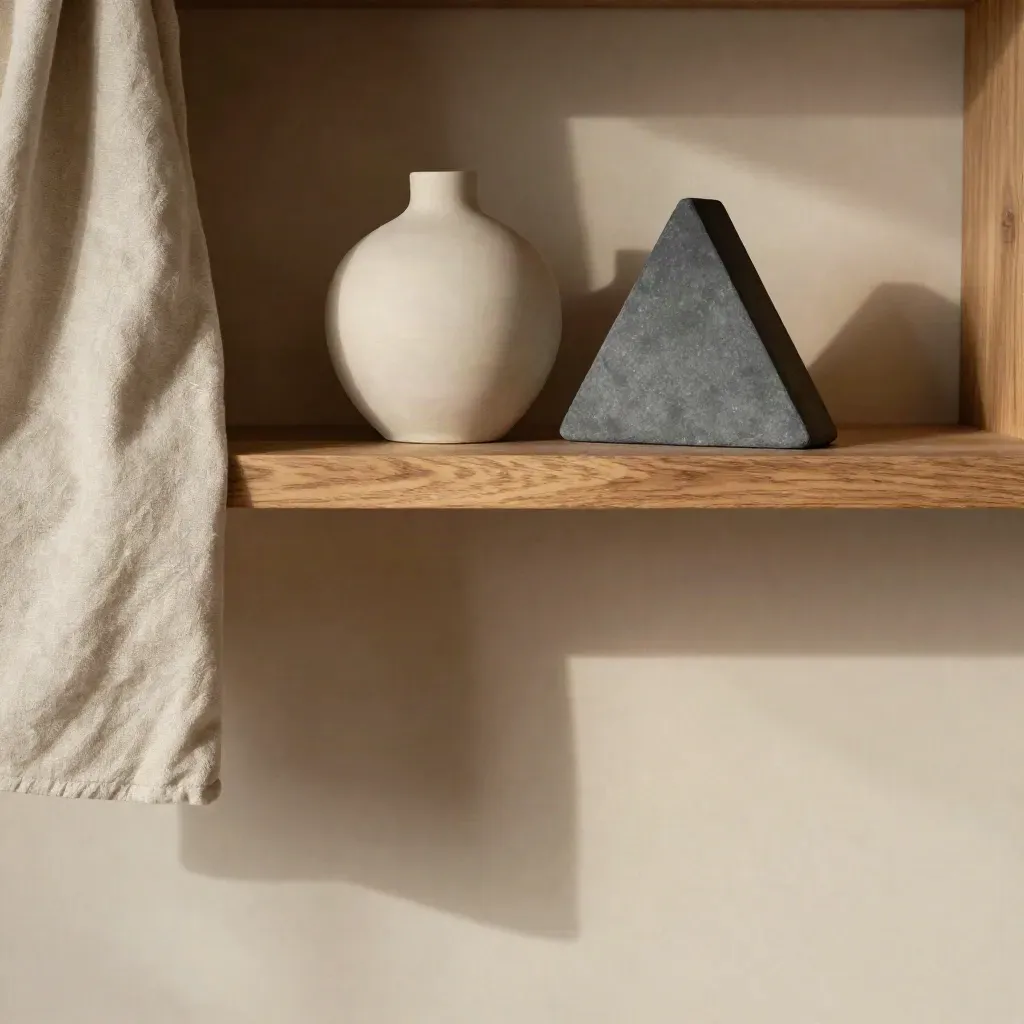 Warm oak alcove with linen and two ceramic pairing forms, calm copy space below.